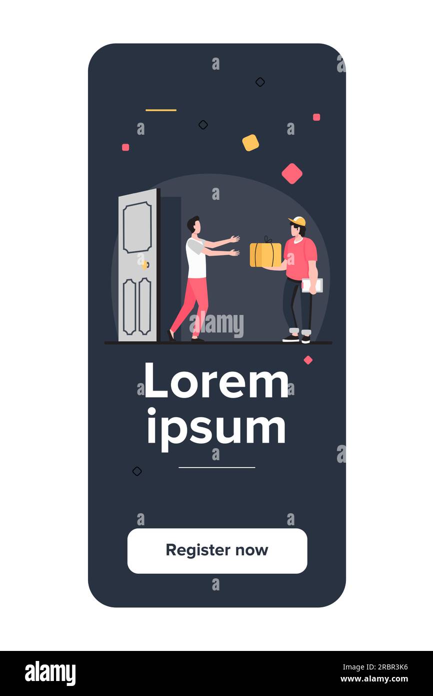 Il corriere consegna l'ordine alla porta del cliente Illustrazione Vettoriale