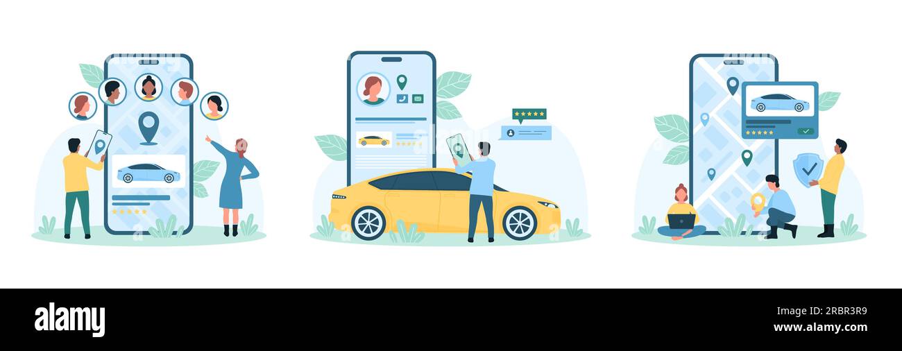 Noleggio e condivisione dell'illustrazione vettoriale del set auto. Cartoni animati persone minuscole con telefono cellulare, scudo assicurativo e pin di navigazione, utilizzando l'applicazione di car sharing, noleggio di veicoli a distanza e app di servizio taxi Illustrazione Vettoriale