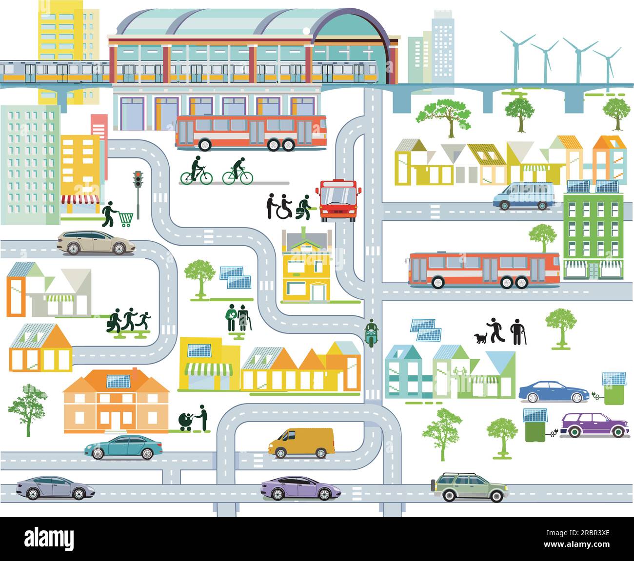 Panoramica della città con traffico, case e stazione ferroviaria, illustrazione informativa Illustrazione Vettoriale