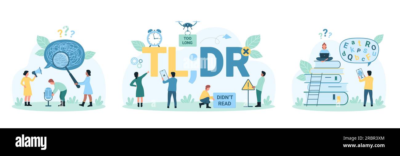 Illustrazione vettoriale del set di comunicazione errato. Cartoni animati Tiny People in piedi all'abbreviazione TLDR, con microfono, megafono e lente d'ingrandimento per ricercare e comprendere parole gergali e gergali Illustrazione Vettoriale