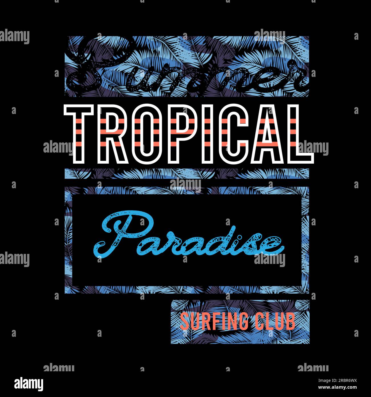 Stampa su sfondo foglia di palma Tropical Paradise t-shirt design tipografia, stampa, illustrazione vettoriale Illustrazione Vettoriale