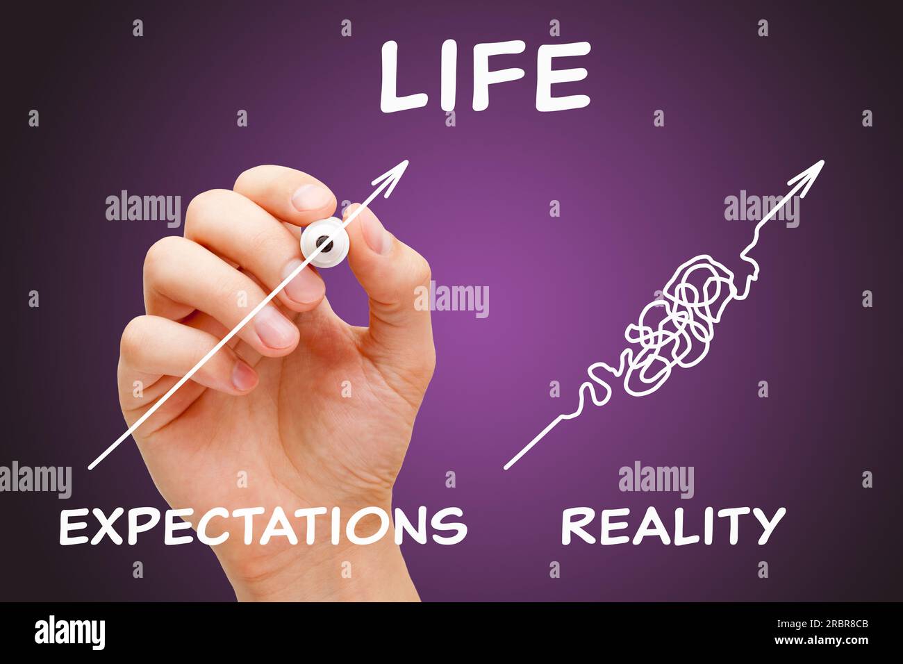 Disegnare a mano un concetto sulla differenza tra le aspettative di vita e la realtà. Scegli aspettative realistiche su come dovrebbe essere la vita. Foto Stock
