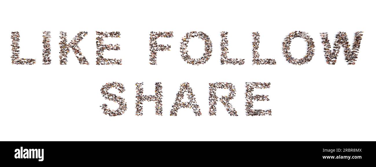 Persone della comunità concettuale che formano il messaggio LIKE FOLLOW SHARE. metafora dell'illustrazione 3d per social media, connessione online, commnicazione globale Foto Stock