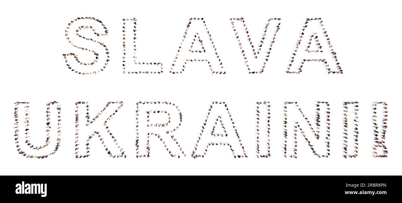 Grande comunità concettuale di persone che formano il messaggio SLAVA UKRAINI. illustrazione 3d metafora del patriottismo, determinazione, motivazione, coraggio Foto Stock