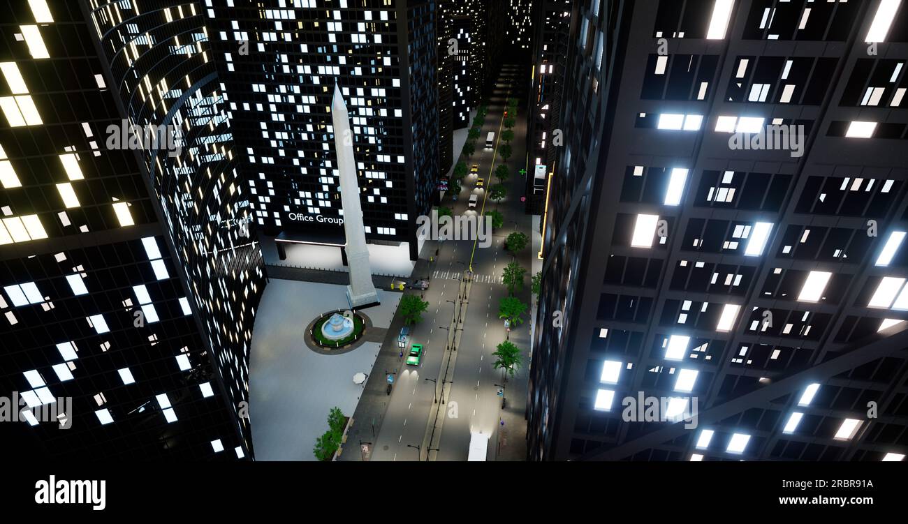 Quartiere cittadino con grattacieli e luci, centro affari metropoli con veicoli sulla strada. Capitale con architettura moderna ed edifici per uffici. animazione di rendering 3d. Foto Stock