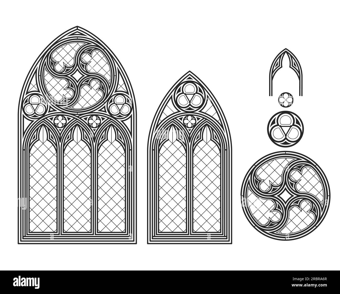 Realistica vetrata medievale gotica. Sfondo o texture. Elemento architettonico. Finestra medievale della cattedrale di vetro colorato in stile gotico Illustrazione Vettoriale