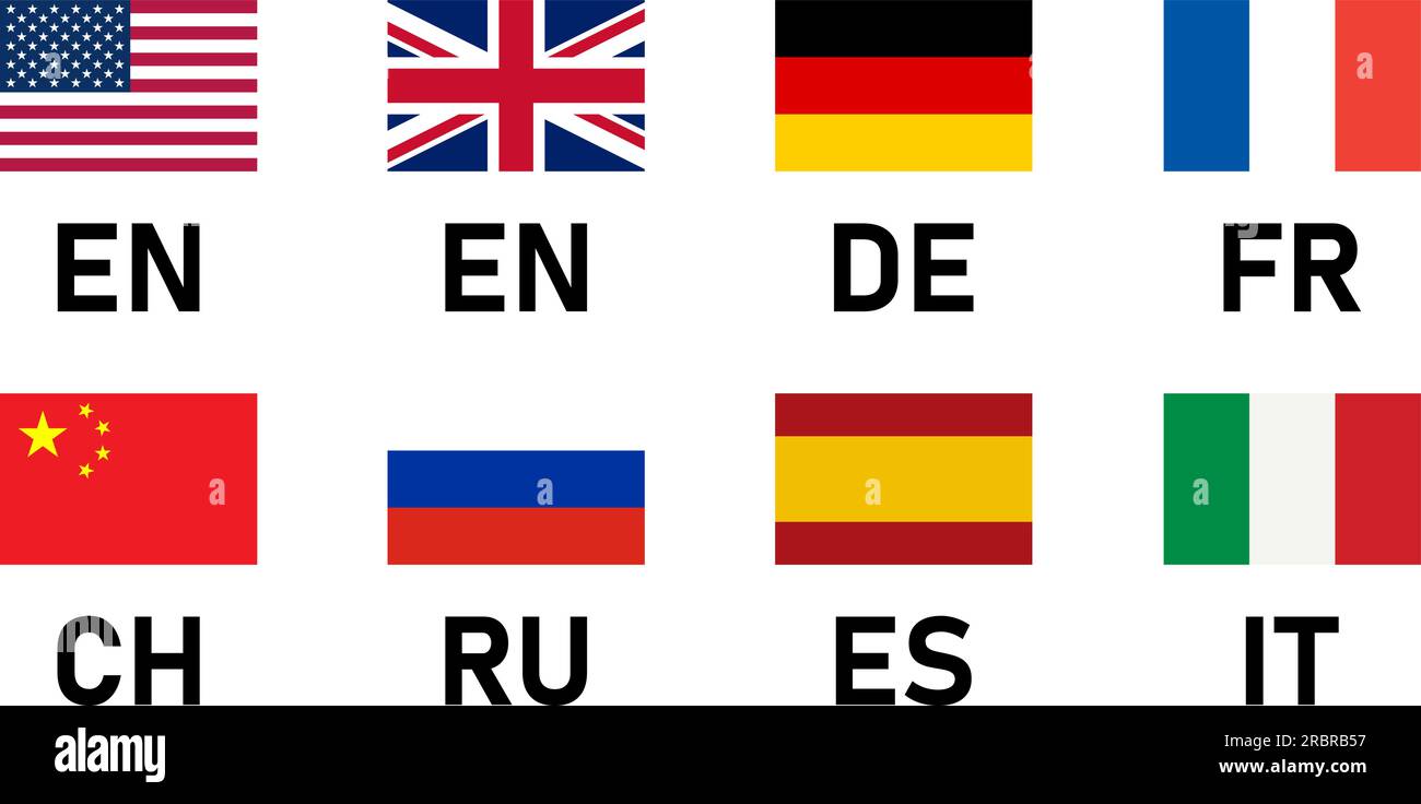 Set di bandiere comprendente Stati Uniti, Regno Unito, Germania, Francia, Cina, Bandiere Russia, Spagna e Italia per inglese, tedesco, francese, cinese, russo, Spagnolo e italiano. Illustrazione Vettoriale