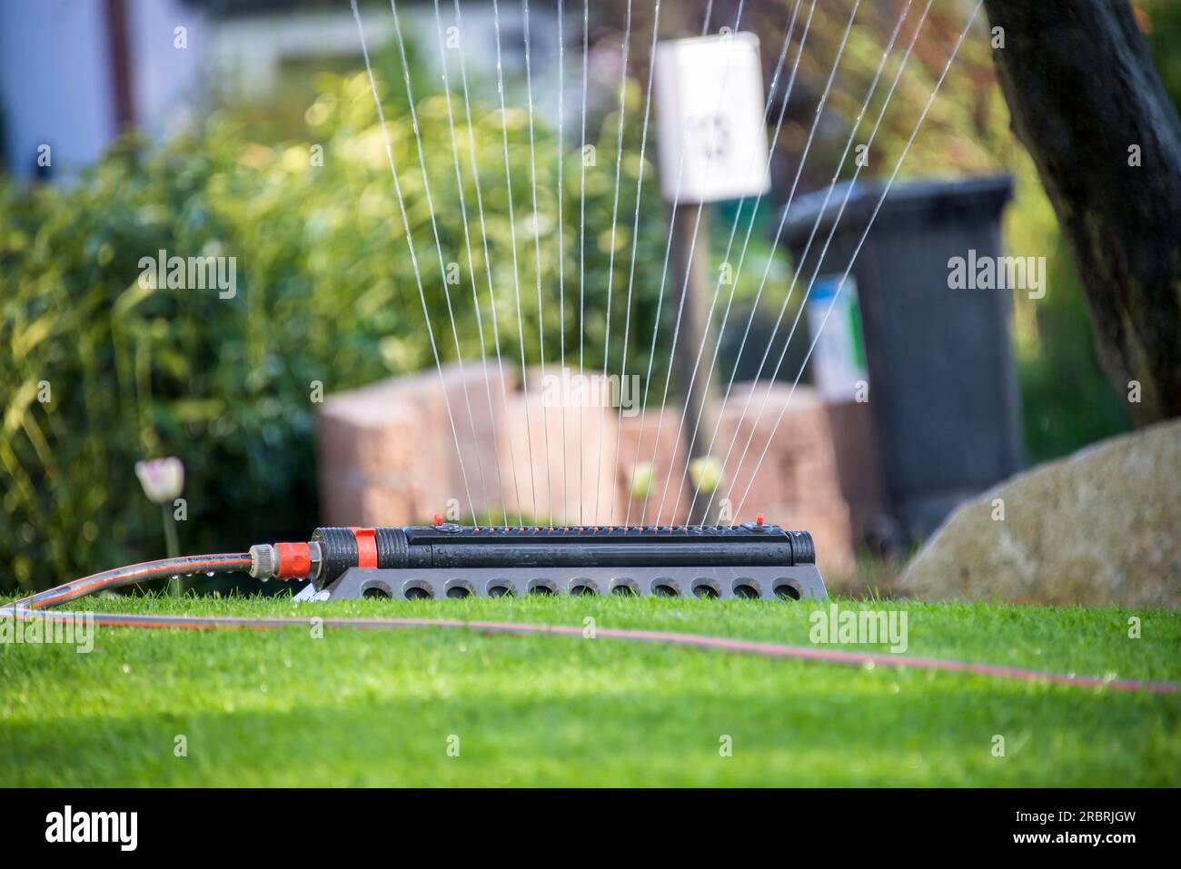 L'irrigatore a prato irriga il giardino rurale Foto Stock
