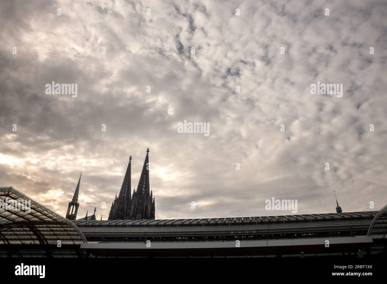 Foto della cattedrale di colonia vista dal basso durante il tramonto. La cattedrale di Colonia è una cattedrale cattolica di Colonia, nella Renania settentrionale-Vestfalia. io Foto Stock