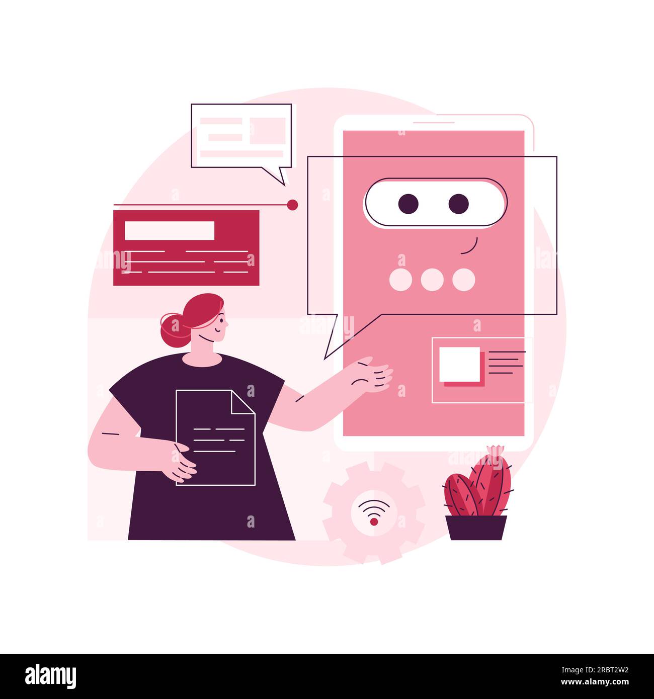 Chatbot virtual Assistant astratto concetto vettore illustrazione. internet, online smart robot, conversazione dispositivo, media dialogo, progetto di sistema, tecnologia, app web metafora astratta. Illustrazione Vettoriale