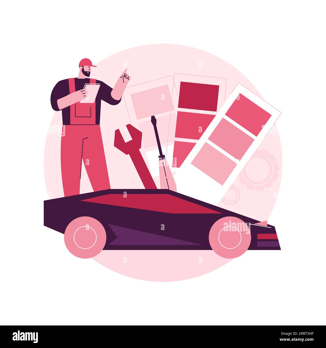 Auto tuning astratto concetto illustrazione vettoriale. Auto da corsa turbo tuning, auto body shop, auto musica upgrade, stile e design auto, servizio di riparazione auto sportive metafora astratta. Illustrazione Vettoriale