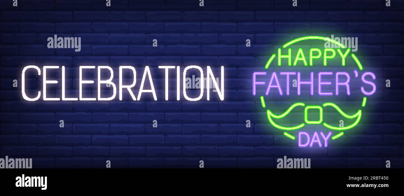 Festeggiamenti, felice testo al neon per la festa del padre con baffi Illustrazione Vettoriale