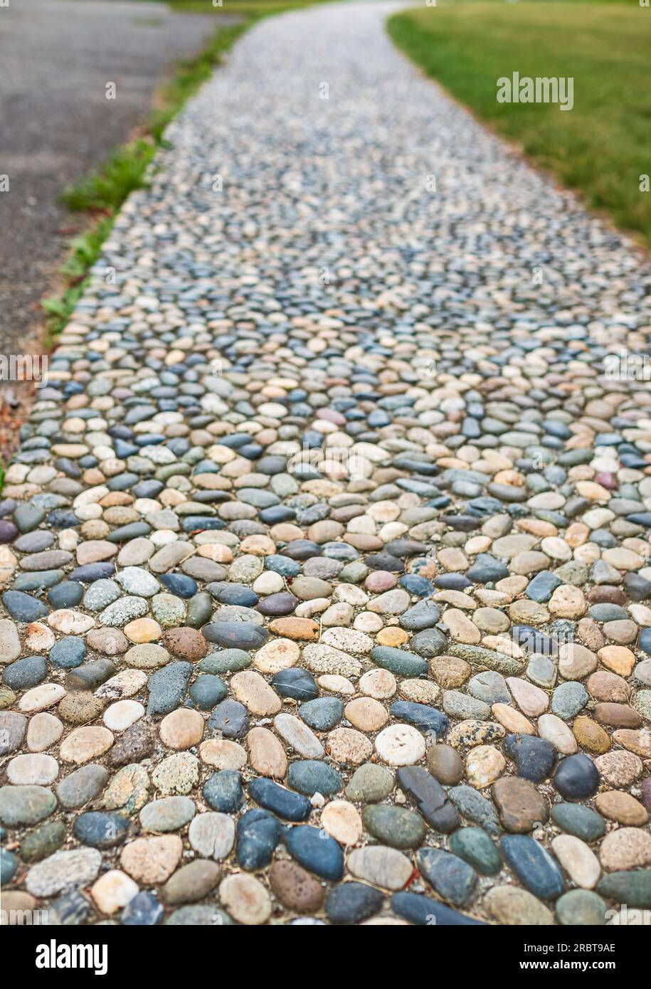 Passerelle in pietra naturale nel parco. Percorso in pietra nel giardino. Pavimentazione in pietra lucida di ciottoli grigi. Pavimentazione in ciottoli testurizzata, riflessologia. Pebble sto Foto Stock