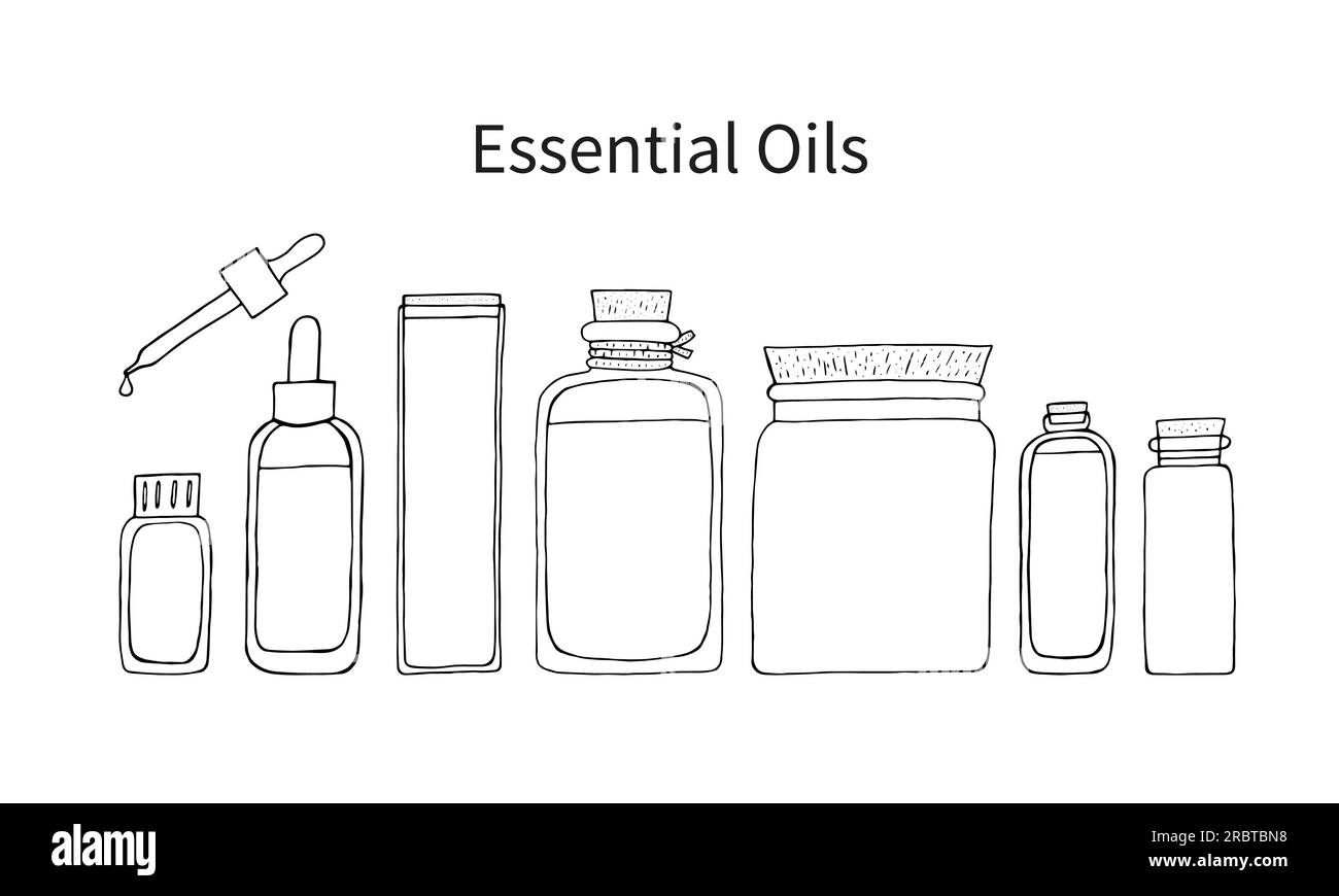 Set di bottiglie di oli essenziali di elementi isolanti per doodle vettoriali disegnati a mano per la progettazione. Fiala cosmetica, flacon, matraccio per olio ed erbe aromatiche Illustrazione Vettoriale
