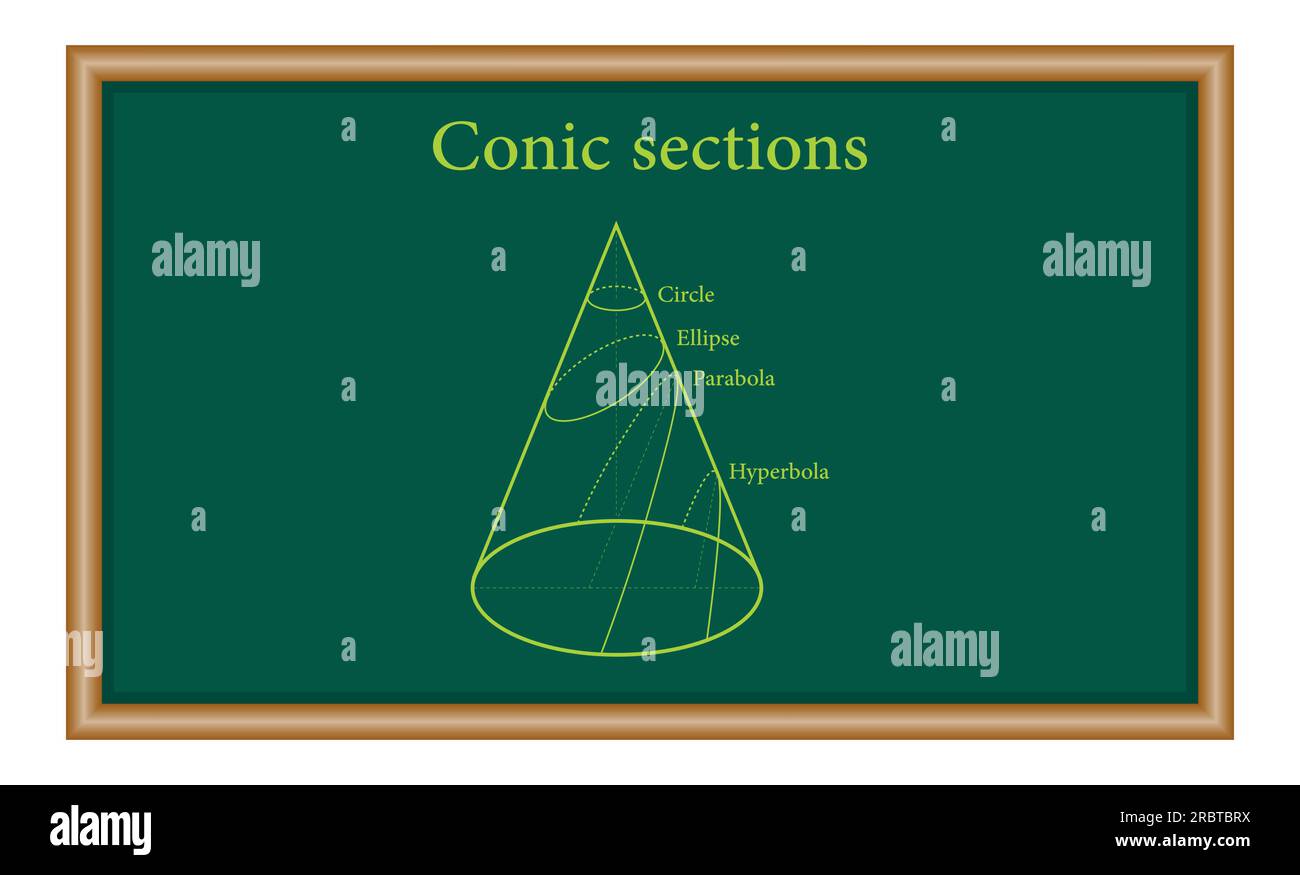 Tipi di sezioni coniche. Circle, Ellipse, Parabola e Hyperbola. Risorse matematiche per insegnanti e studenti. Illustrazione Vettoriale