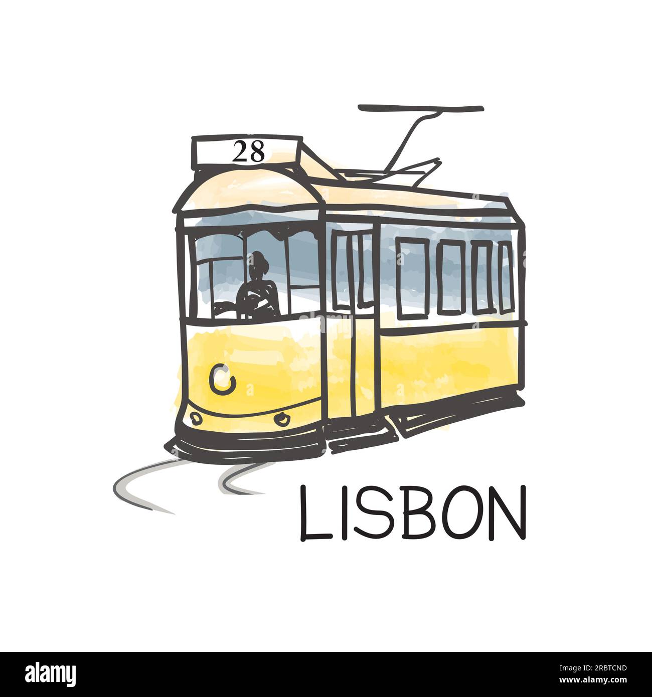 Simbolo della città di Lisbona, famoso tram giallo d'epoca n. 28, il più antico trasporto pubblico europeo della città vecchia, Lisbona, Portogallo. Attr. Turistico poster retrò Illustrazione Vettoriale