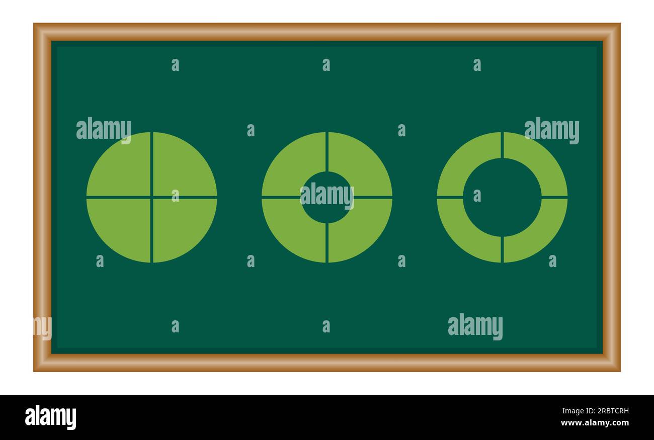Set di quattro parti del cerchio. Grafico a torta con quattro settori delle stesse dimensioni. Risorse matematiche per insegnanti e studenti. Illustrazione Vettoriale