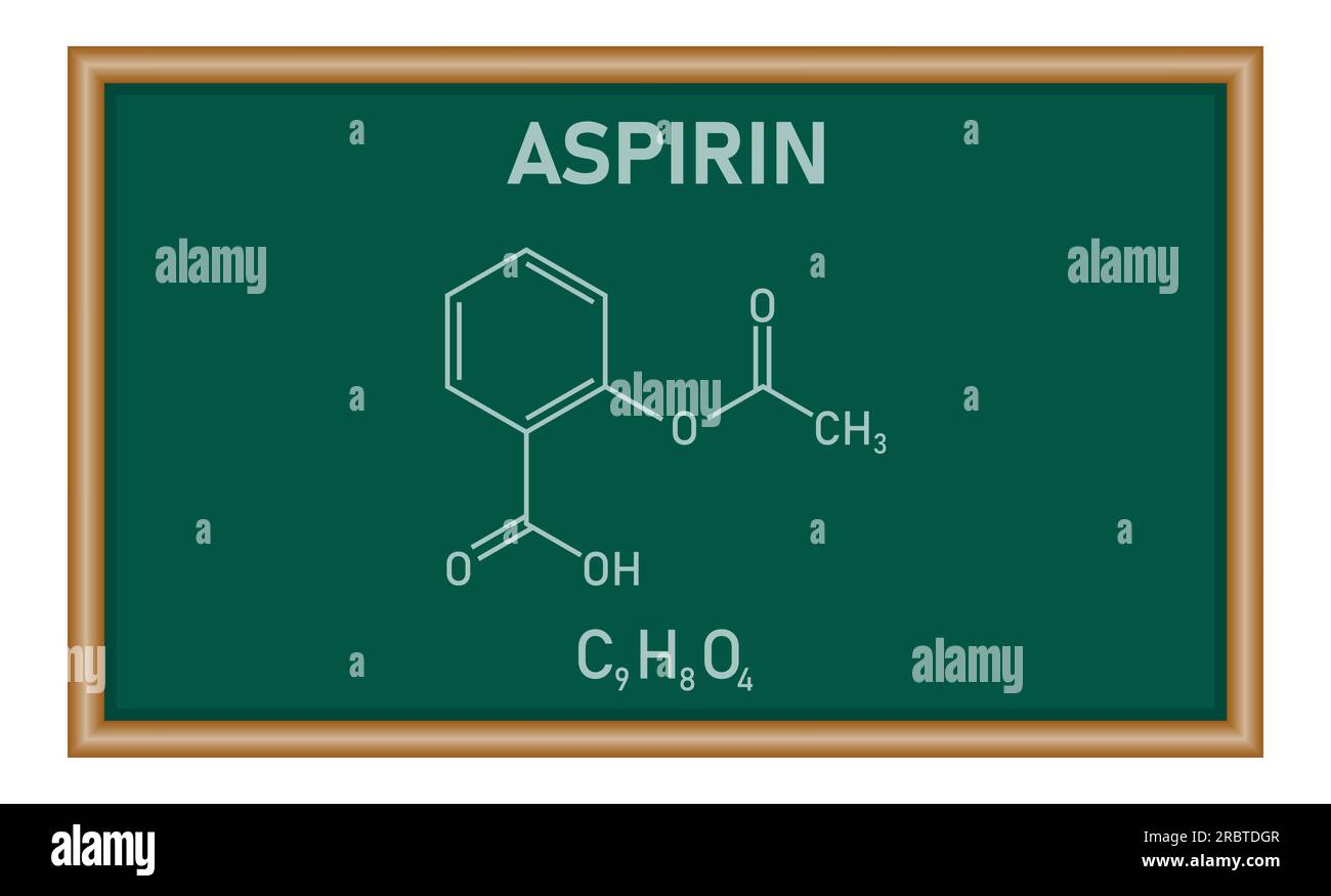 Struttura chimica dell'aspirina o dell'acido acetilsalicilico (C9H8O4). Risorse chimiche per insegnanti e studenti. Risorse di chimica per insegnanti e stu Illustrazione Vettoriale