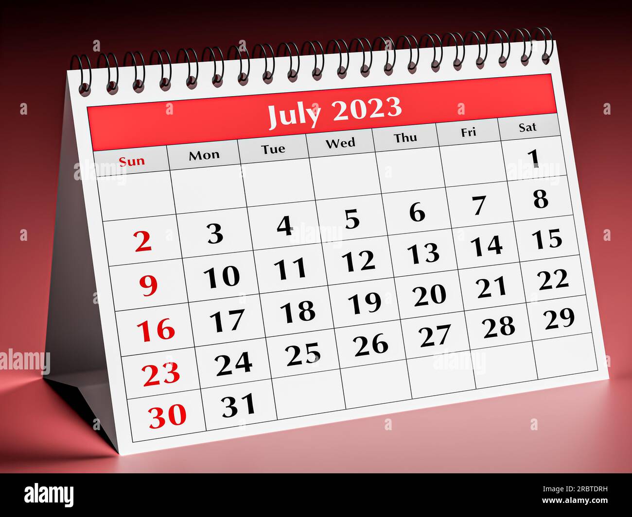 Una pagina del calendario mensile annuale del business desk. Data: Luglio 2023. rendering 3d. Foto Stock