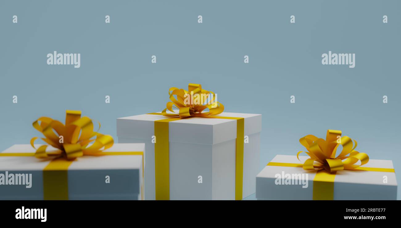 Scatole regalo bianche con nastri dorati e rendering 3d. Foto Stock