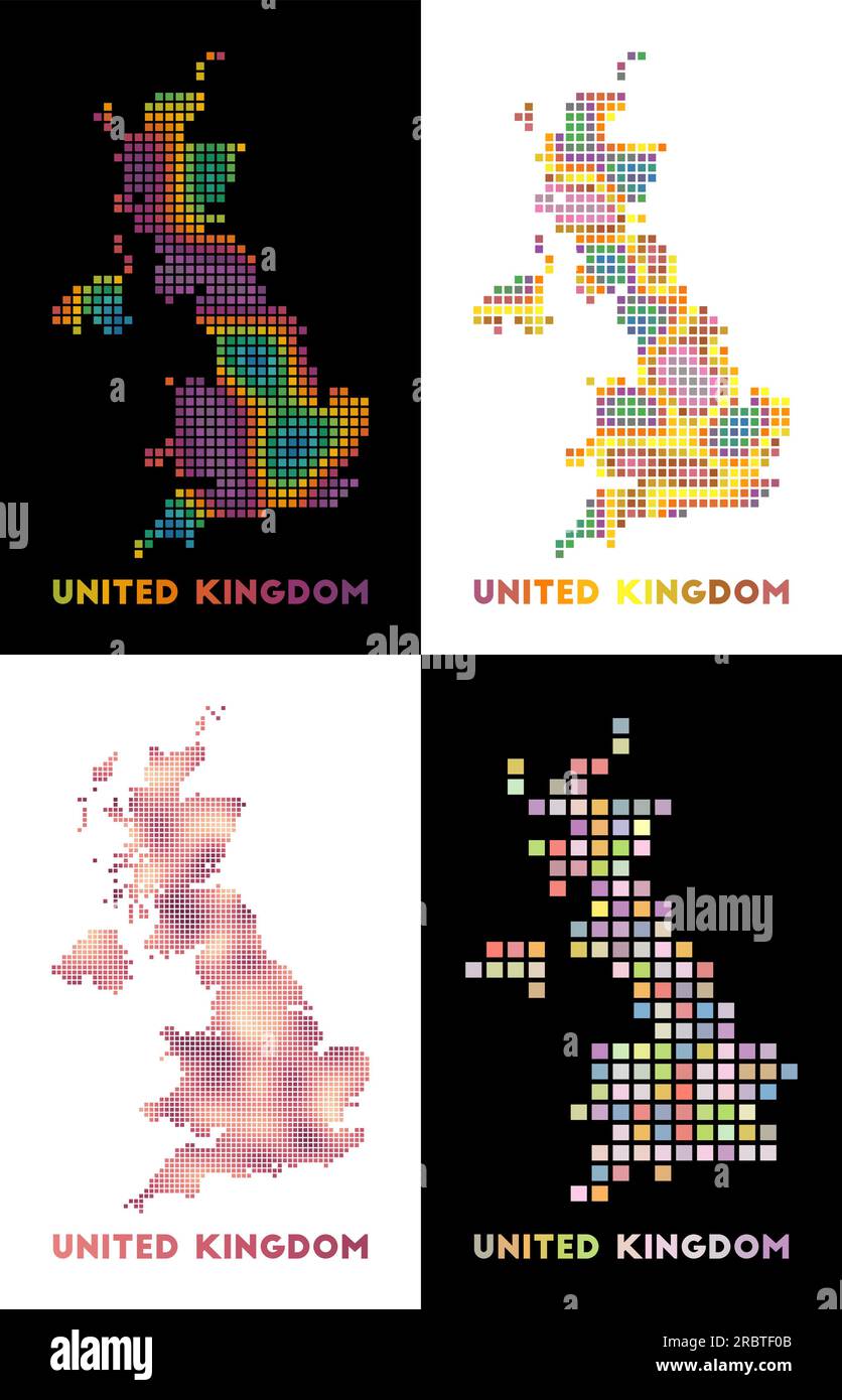 Mappa del Regno Unito. Raccolta di mappe del Regno Unito in stile punteggiato. Bordi del paese pieni di rettangoli per il tuo progetto. Illustrazione Vettoriale