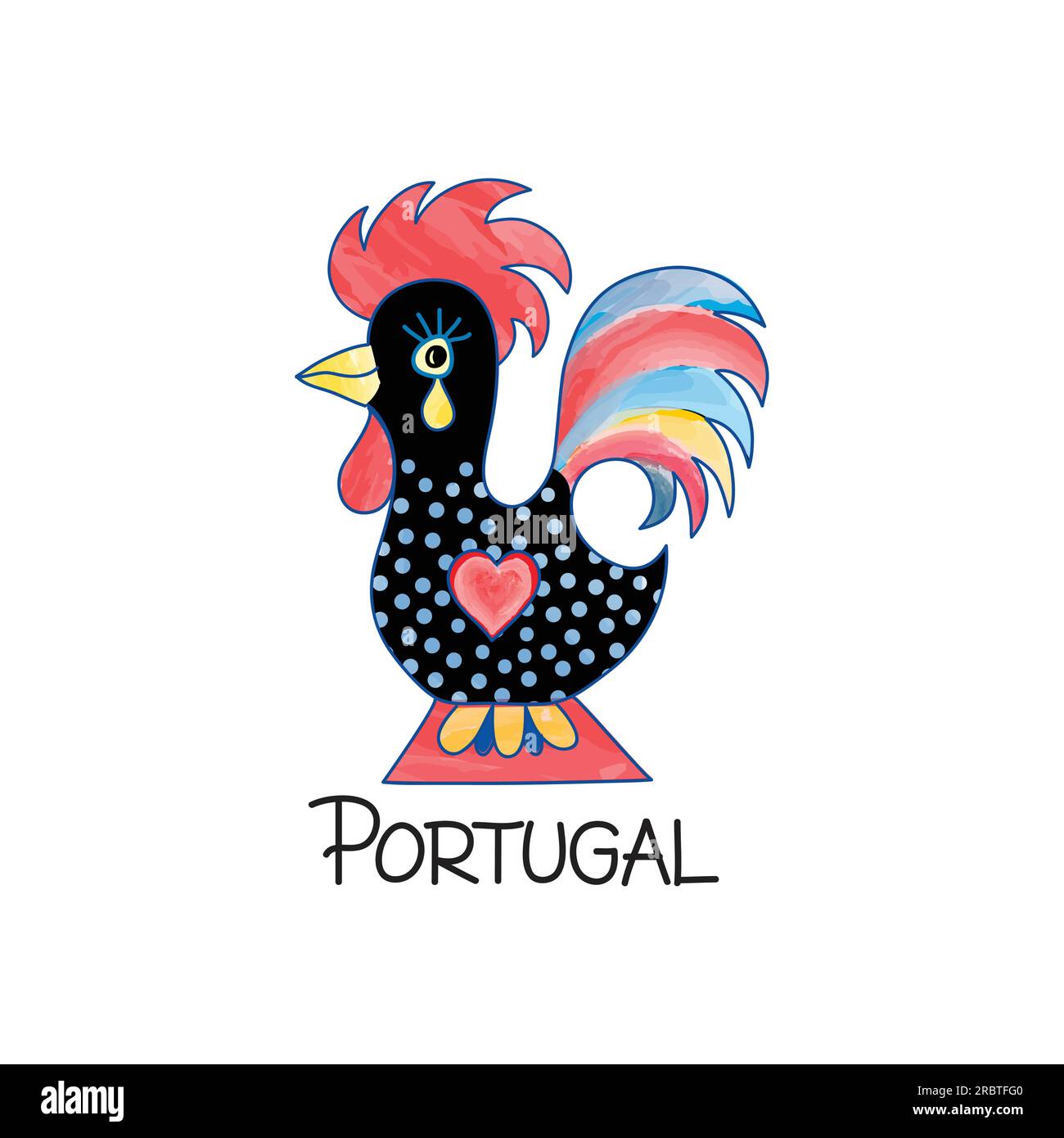 Simbolo di Lisbona Portogallo. Gallo Barcelos decorato in portoghese. Illustrazione vettoriale ad acquerello. Illustrazione Vettoriale