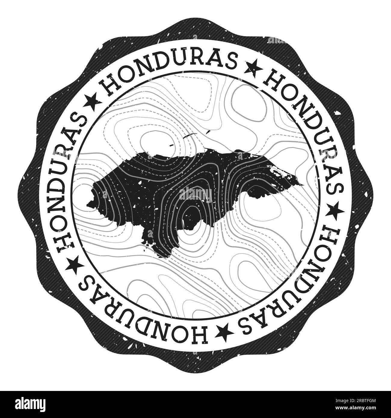 Francobollo all'aperto dell'Honduras. Adesivo rotondo con mappa del paese con isoline topografiche. Illustrazione vettoriale. Illustrazione Vettoriale