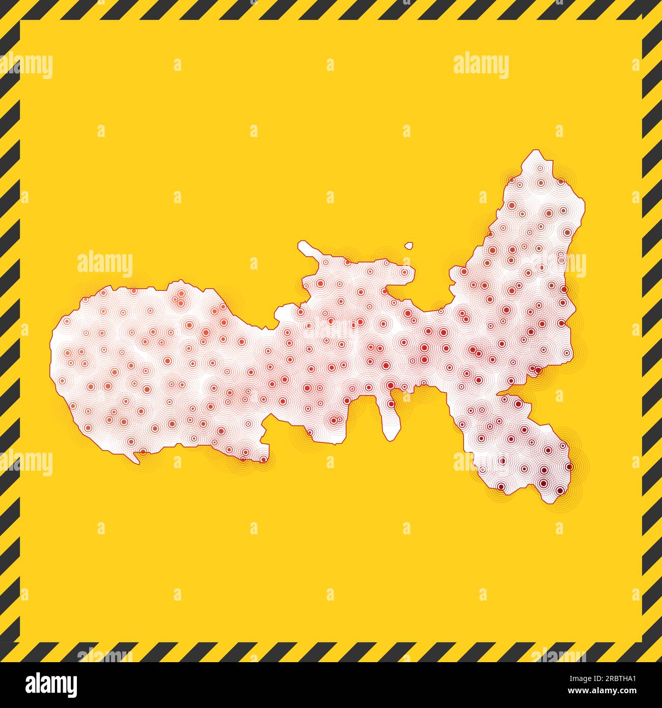 Elba chiusa - segnale di pericolo del virus. Icona isola di blocco. Bordo a strisce nere intorno alla mappa con il concetto di diffusione del virus. Illustrazione vettoriale. Illustrazione Vettoriale