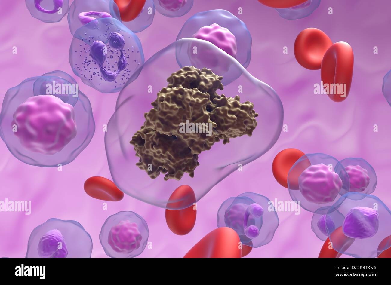 Molecola di nicotina nel flusso sanguigno - vista primo piano illustrazione 3d. Foto Stock