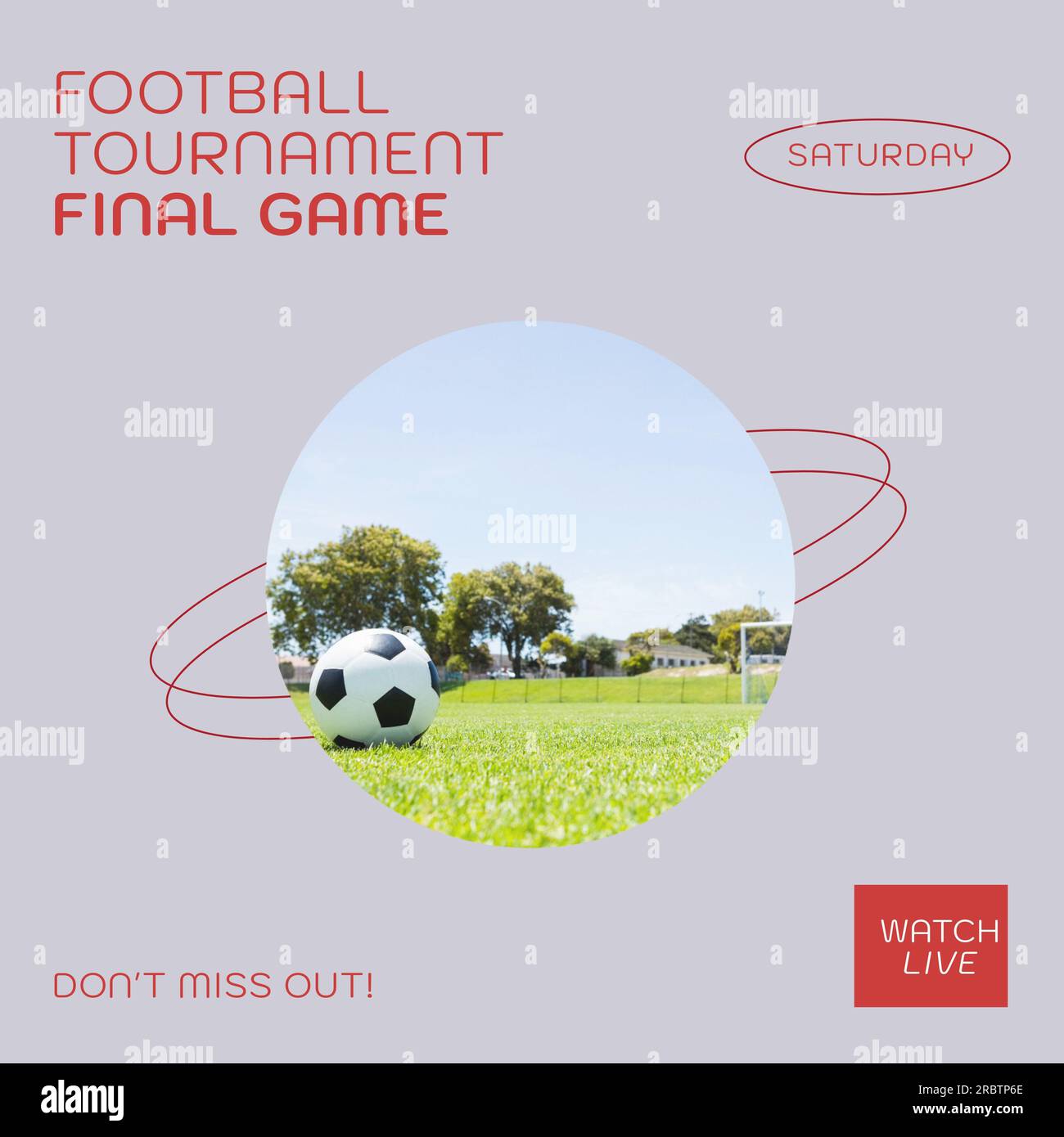 Testo della partita finale del torneo di calcio in rosso su grigio con calcio su un campo di erba soleggiato Foto Stock