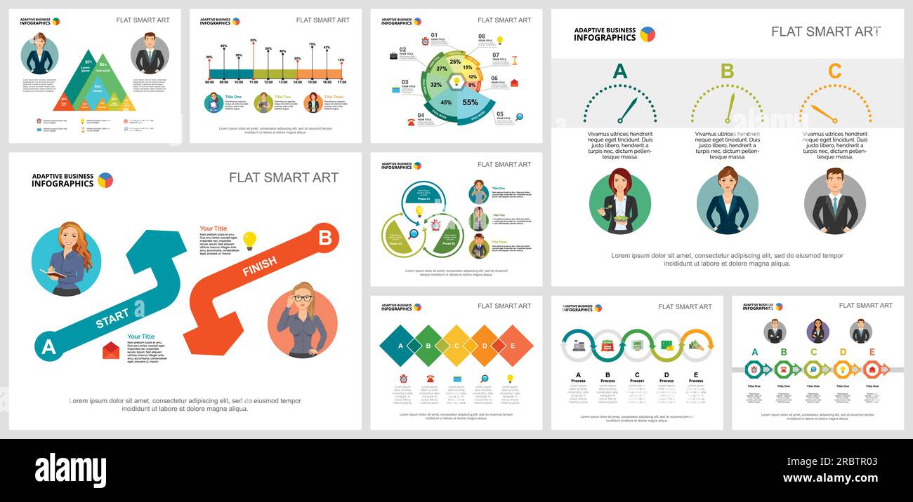 Set di grafici infografici colorati per il flusso di lavoro o il concetto di strategia Illustrazione Vettoriale