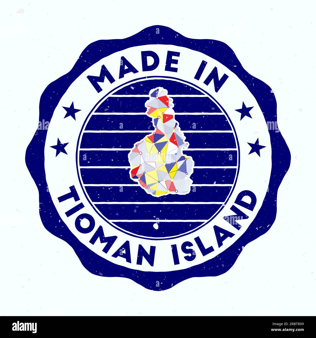 Prodotto sull'isola di Tioman. Timbro rotondo. Sigillo dell'isola di Tioman con forma di confine. Badge vintage con testo circolare e stelle. Illustrazione vettoriale. Illustrazione Vettoriale