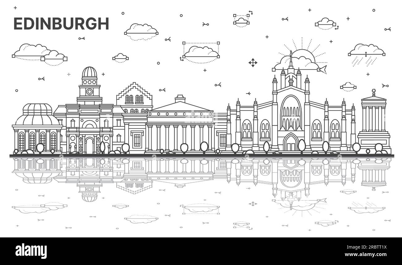 Delinea lo skyline della città di Edimburgo in Scozia con edifici moderni e storici e riflessioni isolati su bianco. Illustrazione vettoriale. Paesaggio urbano di Edimburgo. Illustrazione Vettoriale