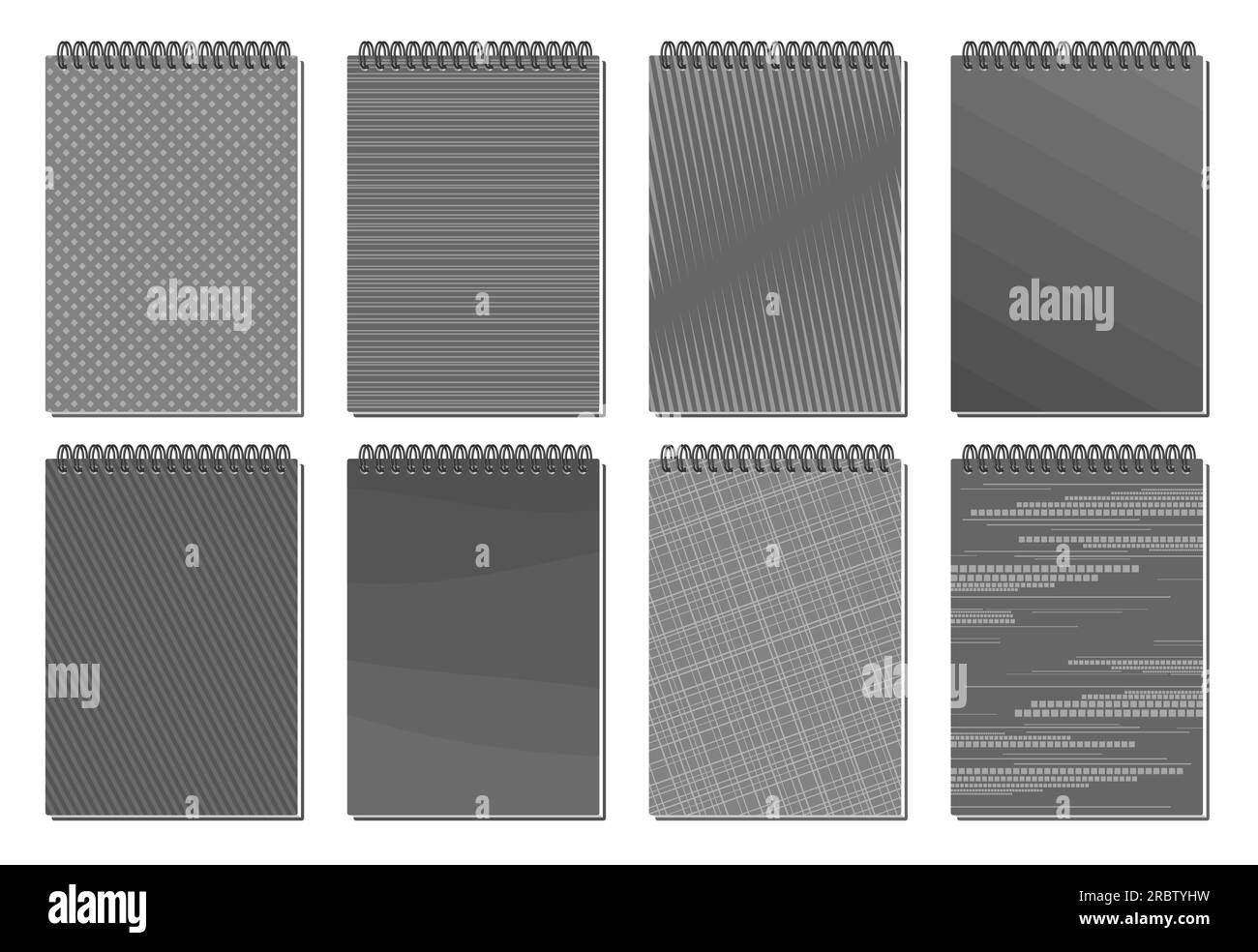 Coperture per blocco note Vector Spiral, collezione di 8 illustrazioni ritagliate di vari blocchi note a spirale design moderno della copertina, gruppo di nastri chiusi monocromatici Illustrazione Vettoriale