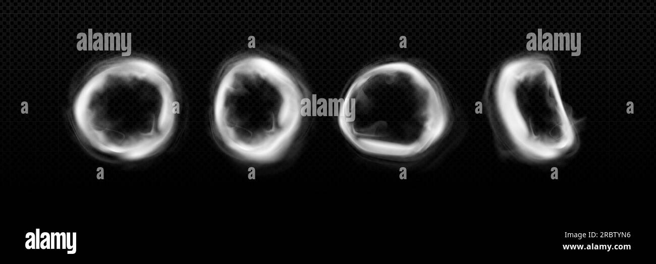 Nuvole rotonde di fumo, anelli rotondi isolati su sfondo trasparente. Effetti di sovrapposizione astratti di fumo di sigaretta o narghilè, nuvole di nebbia, illustrazione vettoriale realistica Illustrazione Vettoriale