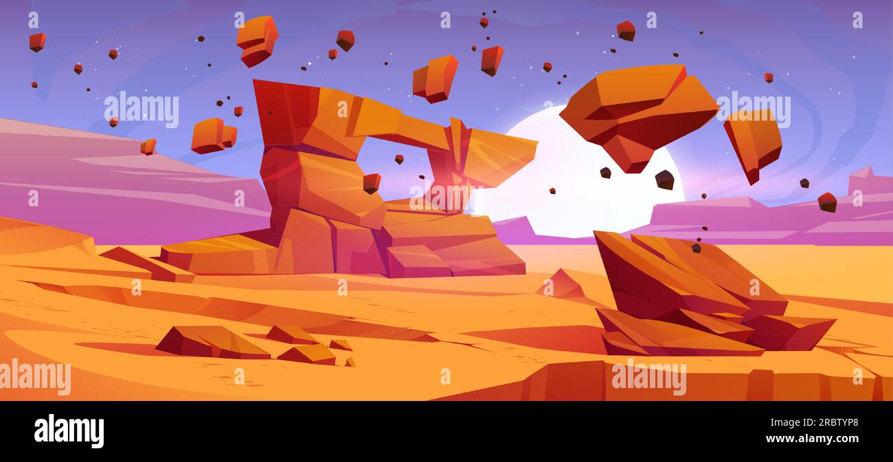 Paesaggio desertico di Marte con illustrazione vettoriale di roccia galleggiante. Terreno marziano con sfondo cartoni animati ad arco roccioso. Costruzione di un monumento in uno spazio sabbioso di siccità Illustrazione Vettoriale