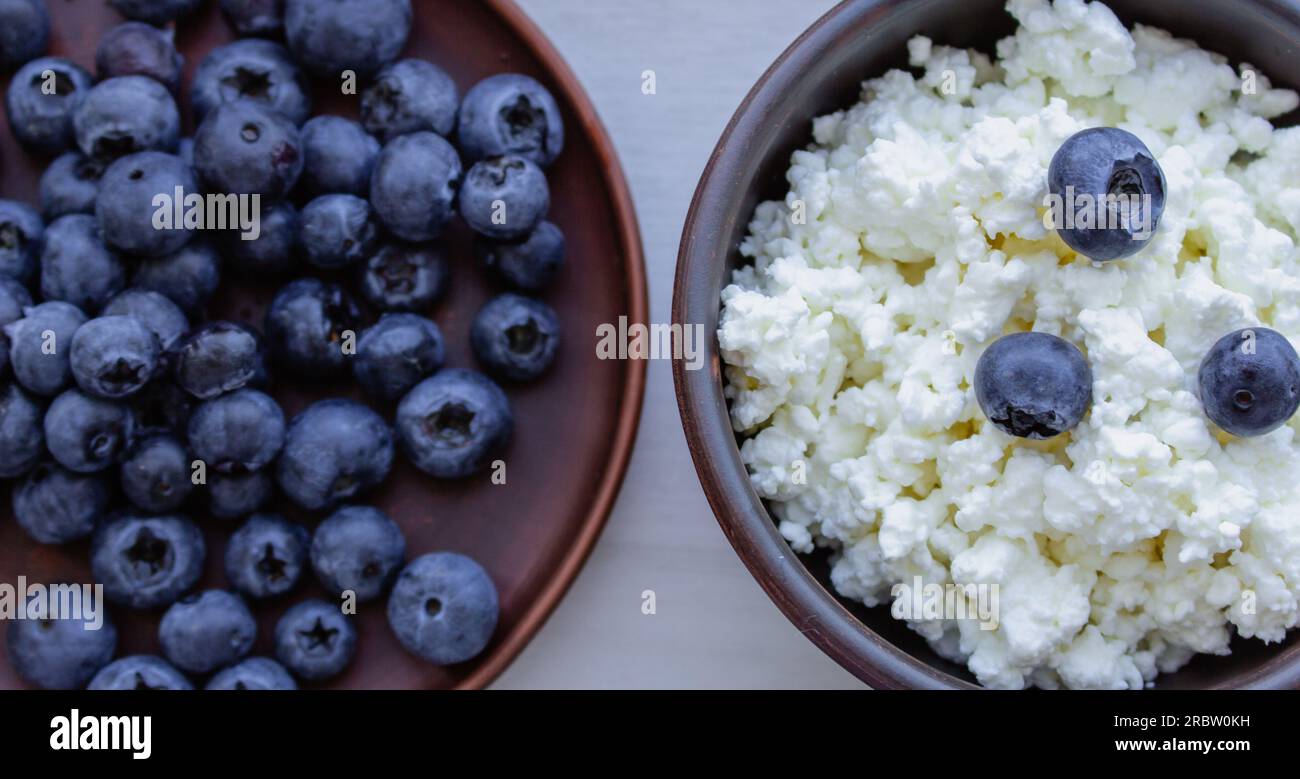 Formaggio cottage con mirtilli. Colazione salutare. Riccio in ciotola con frutti di bosco dolci. Cibo biologico agricolo. Formaggio casalingo fatto in casa con frutti di bosco. Foto Stock