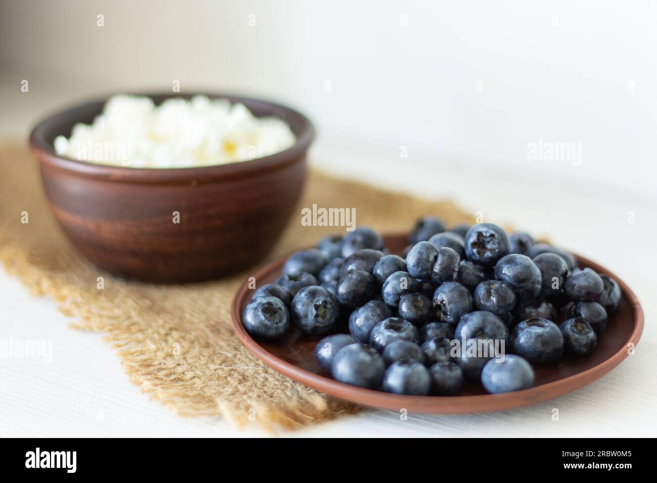 Formaggio cottage con mirtilli. Colazione salutare. Riccio in ciotola con frutti di bosco dolci. Cibo biologico agricolo. Formaggio casalingo fatto in casa con frutti di bosco. Foto Stock