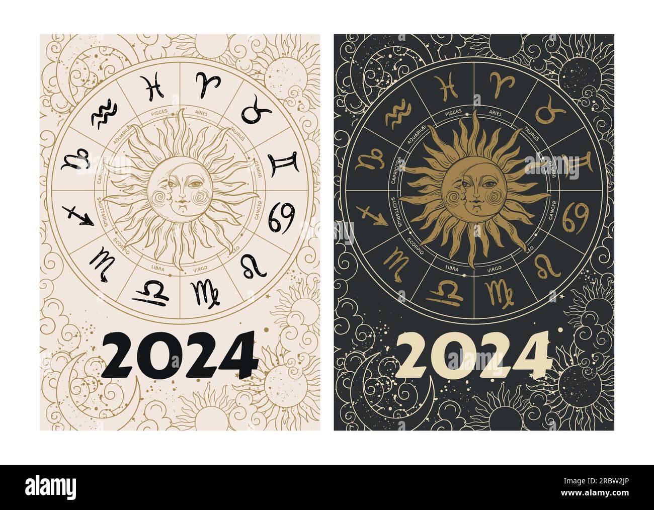2024 copertina astrologica per diario, calendario. Sole e luna con volto,  ruota zodiacale con 12 simboli oroscopo. Stampa vettoriale mistica Immagine  e Vettoriale - Alamy