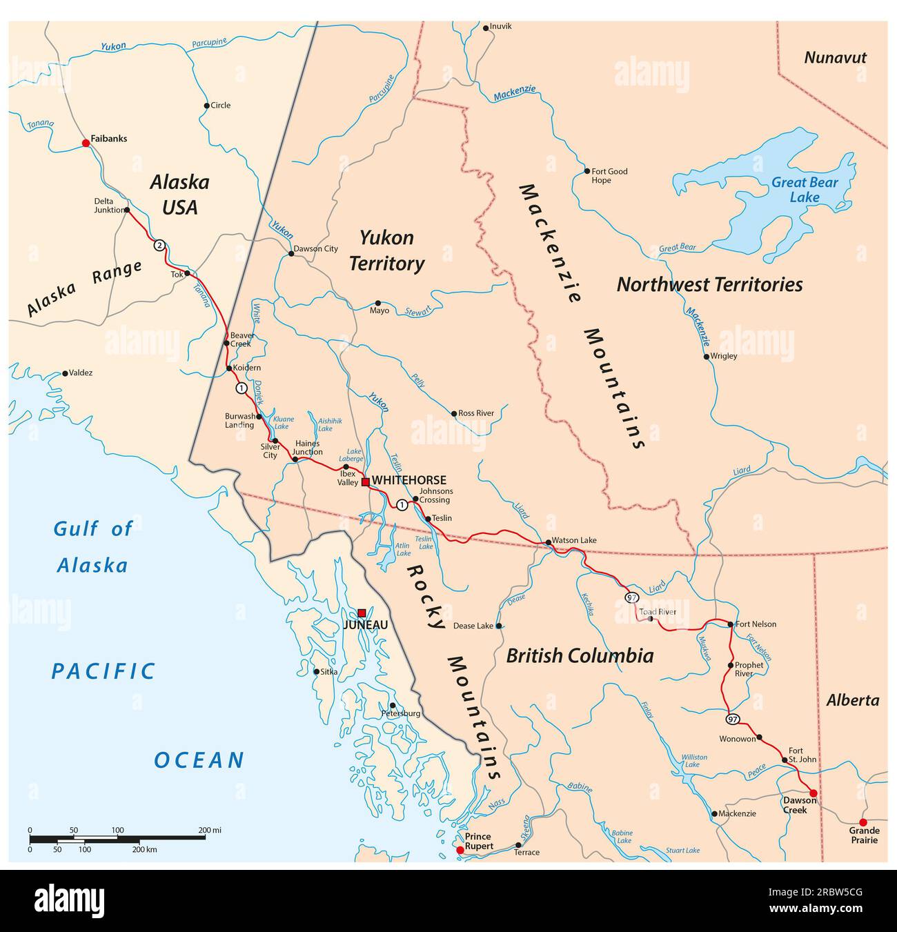 Mappa vettoriale dell'Alaska Highway da Delta Junction a Dawson Creek, Canada, USA Foto Stock