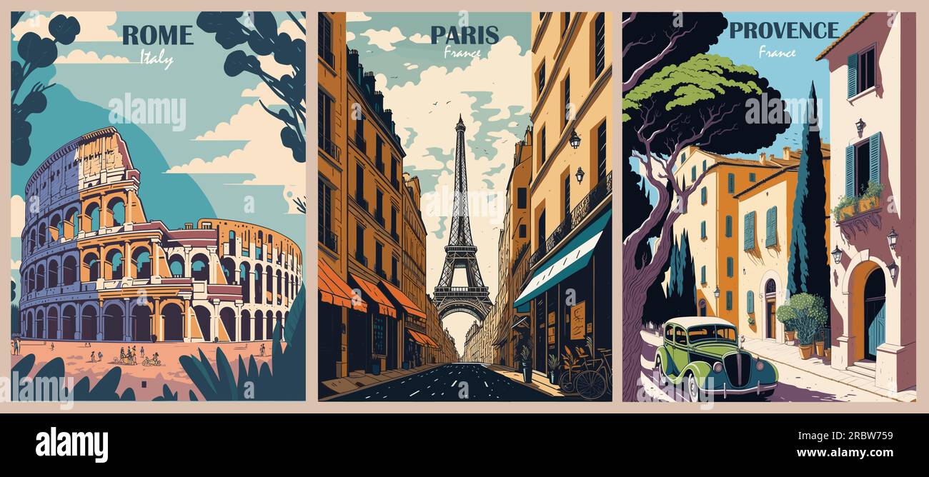 Set di poster delle destinazioni di viaggio in stile retrò. Illustrazione Vettoriale