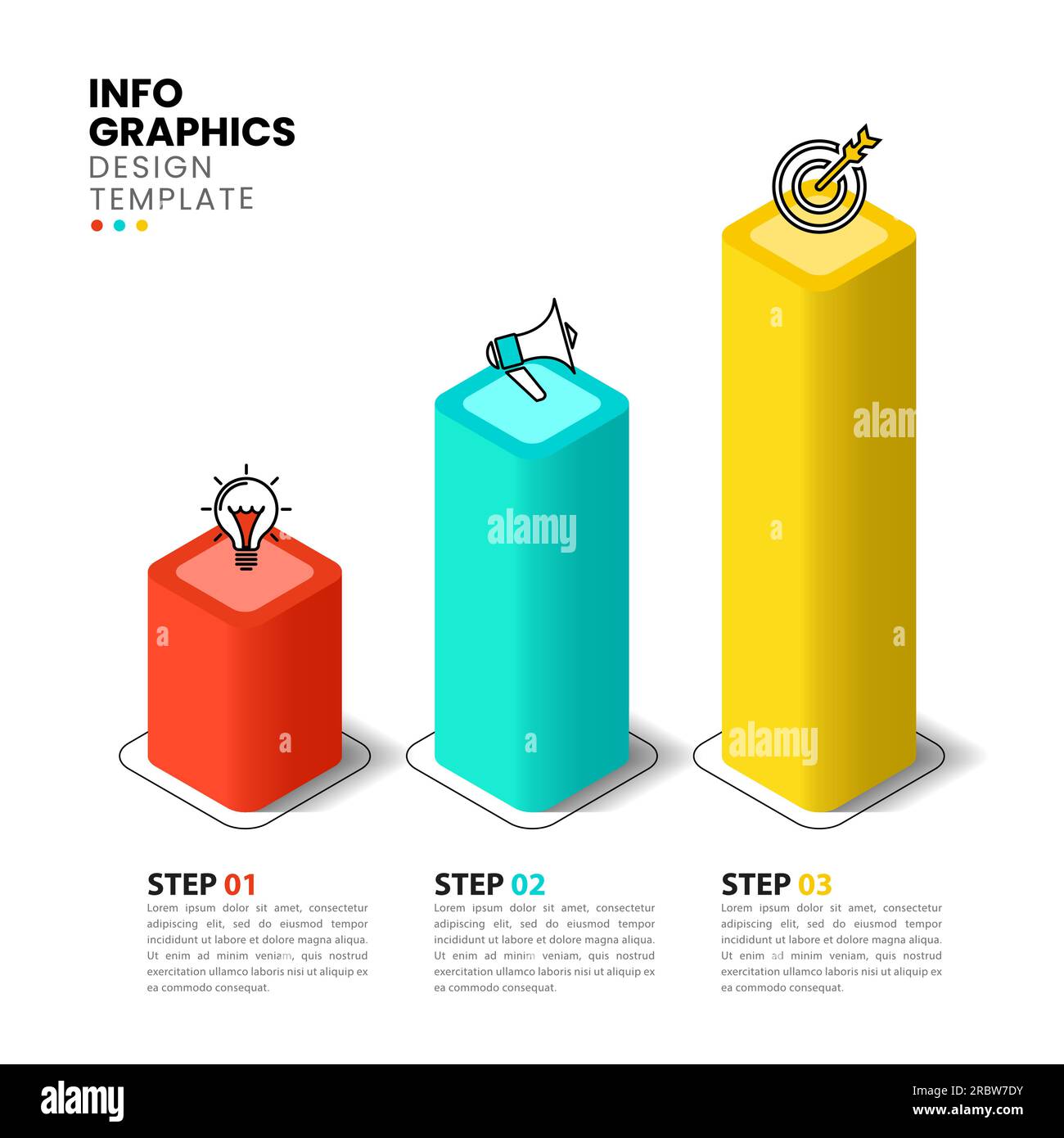 Modello infografico con icone e 3 opzioni o passaggi. Colonne isometriche. Può essere utilizzato per il layout del flusso di lavoro, il diagramma, il banner, il webdesign. Illustrazione del vettore Illustrazione Vettoriale