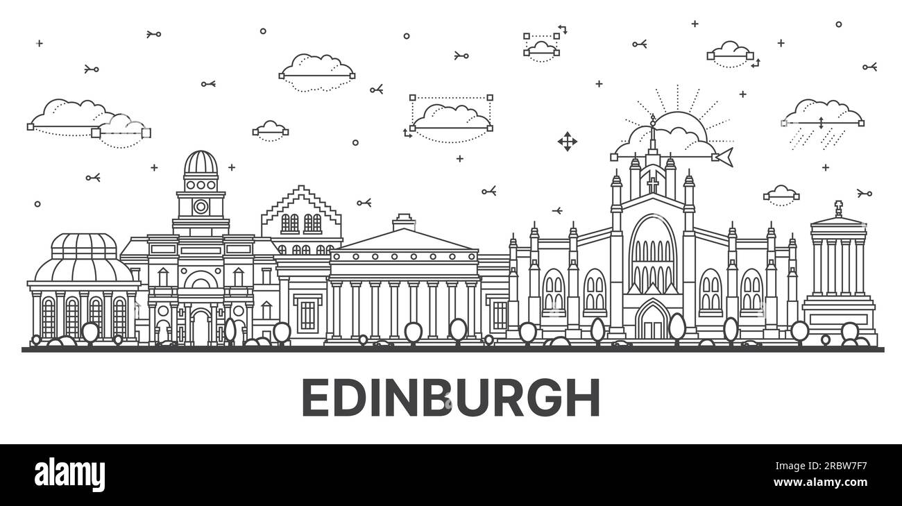 Delinea lo skyline di Edimburgo in Scozia con edifici moderni e storici isolati su White. Illustrazione vettoriale. Paesaggio urbano di Edimburgo con monumenti storici. Illustrazione Vettoriale