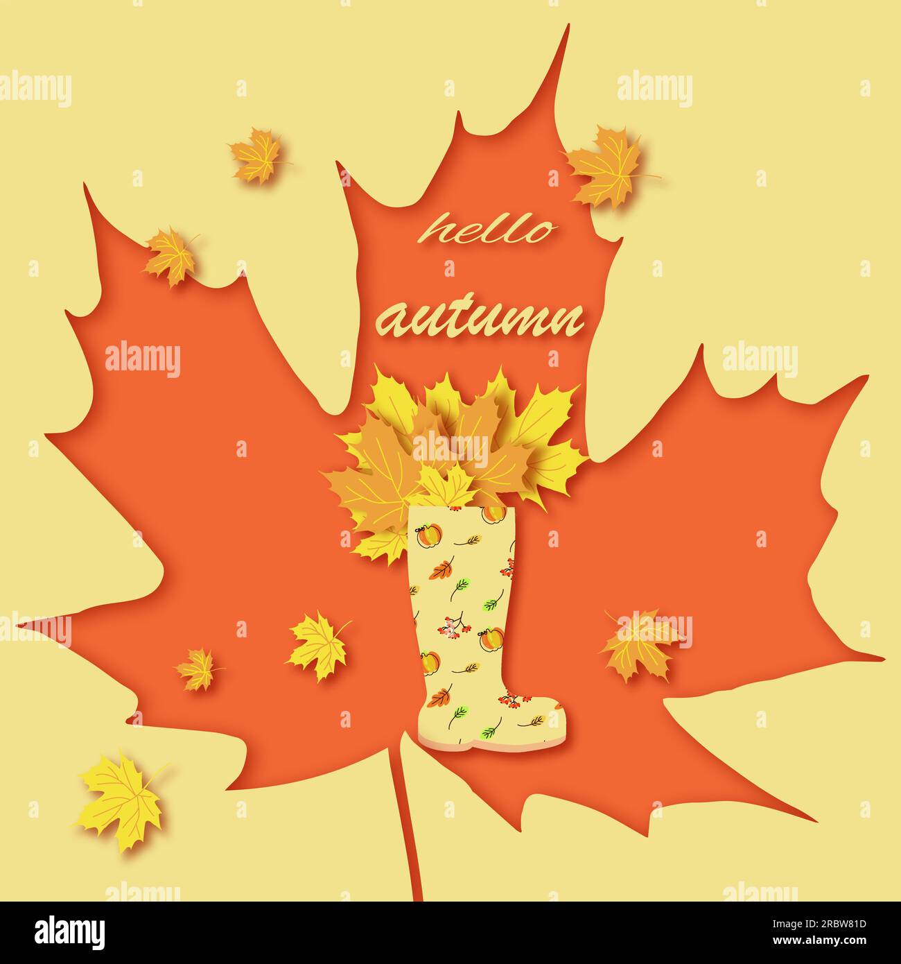 una cartolina in stile carta tagliata, un bouquet di foglie colorate in uno stivale Illustrazione Vettoriale