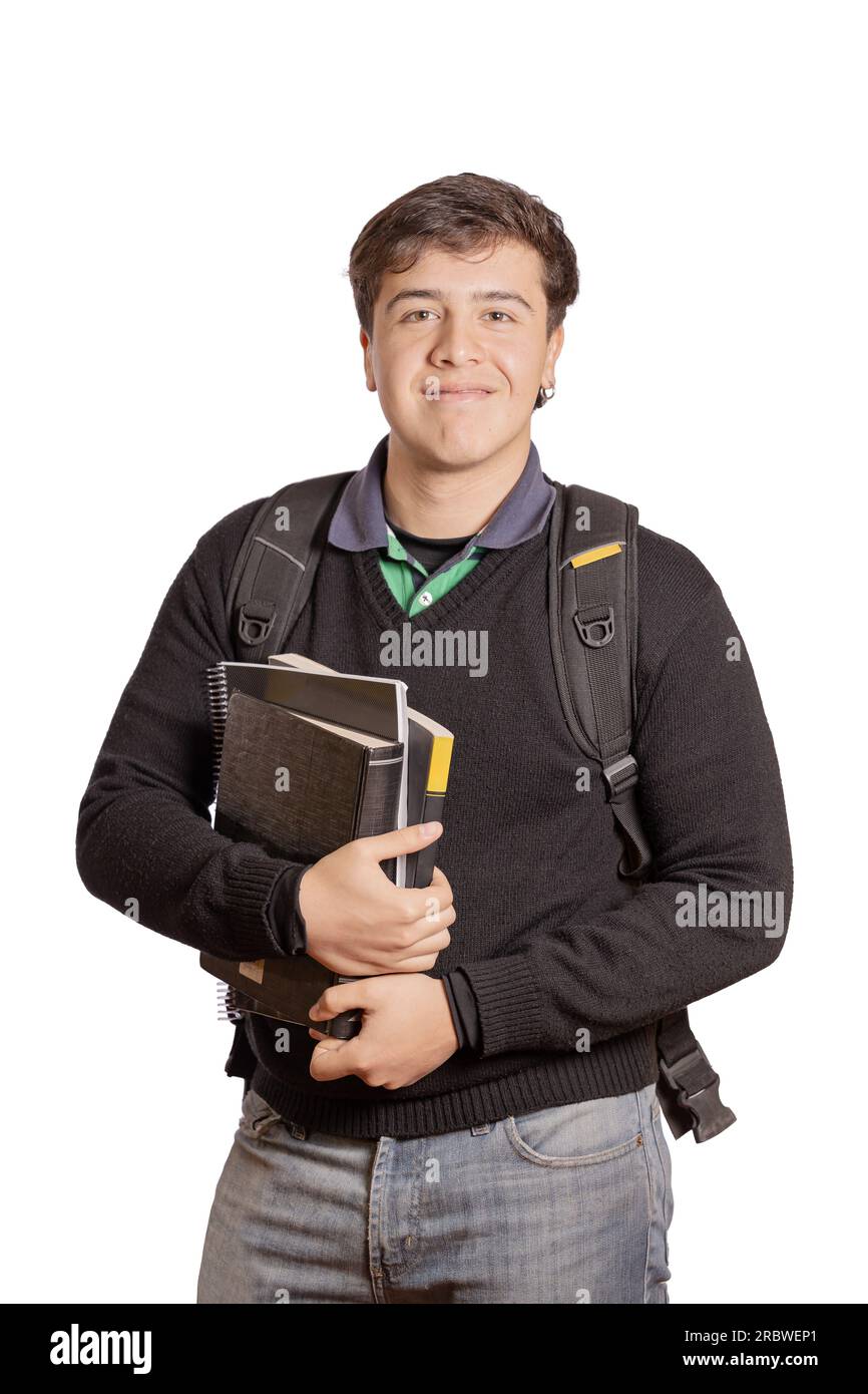 Ritratto di uno studente universitario con libri e zaino isolati su sfondo bianco. Foto Stock
