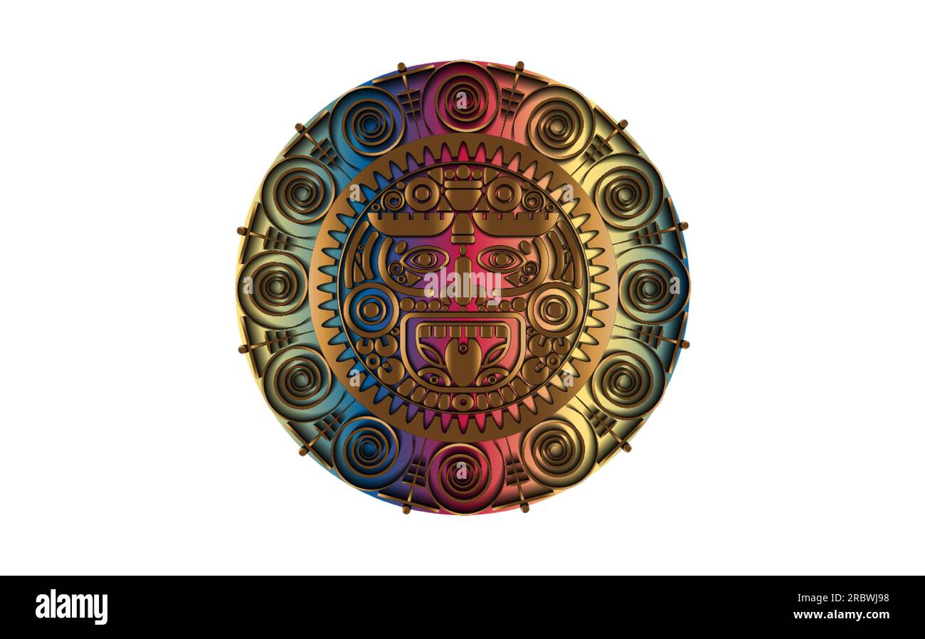 dio sacro del sole Maya, calendario ruota azteca, maschera etnica con simboli Maya di colore oro. Bordo tondo dorato e colorato con vecchia icona del logo Vector Illustrazione Vettoriale