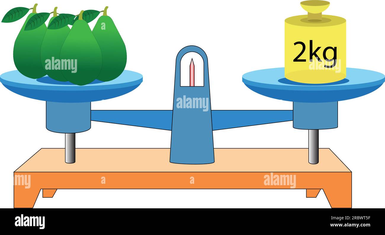 Bilancia bilancia. avocado e 2 kg. scale in equilibrio, uno squilibrio di scale. illustrazione vettoriale. su sfondo bianco. scala clipart Illustrazione Vettoriale