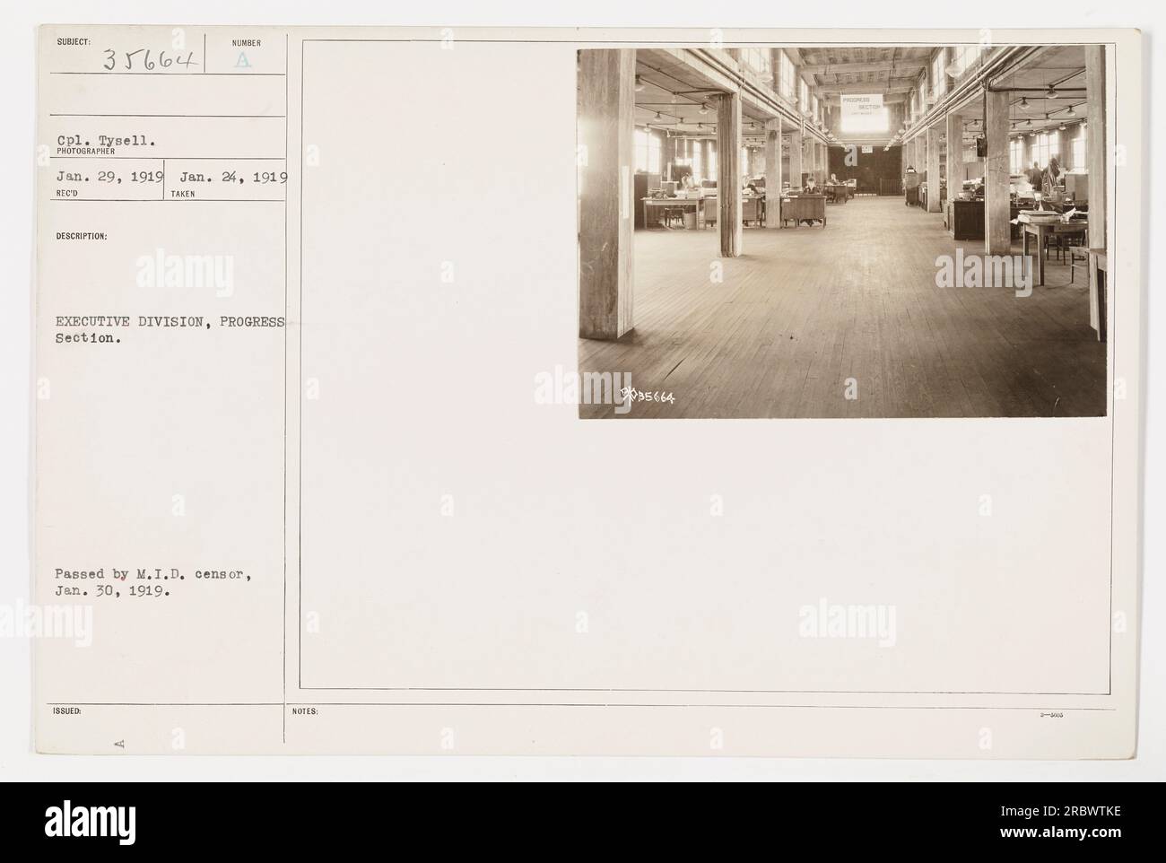 CPL. Tysell della Executive Division, sezione Progress, è visibile in questa fotografia scattata il 24 gennaio 1919. L'immagine è numerata come 35664 ed è stata ufficialmente approvata dalla Military Intelligence Division censor il 30 gennaio 1919. Foto Stock