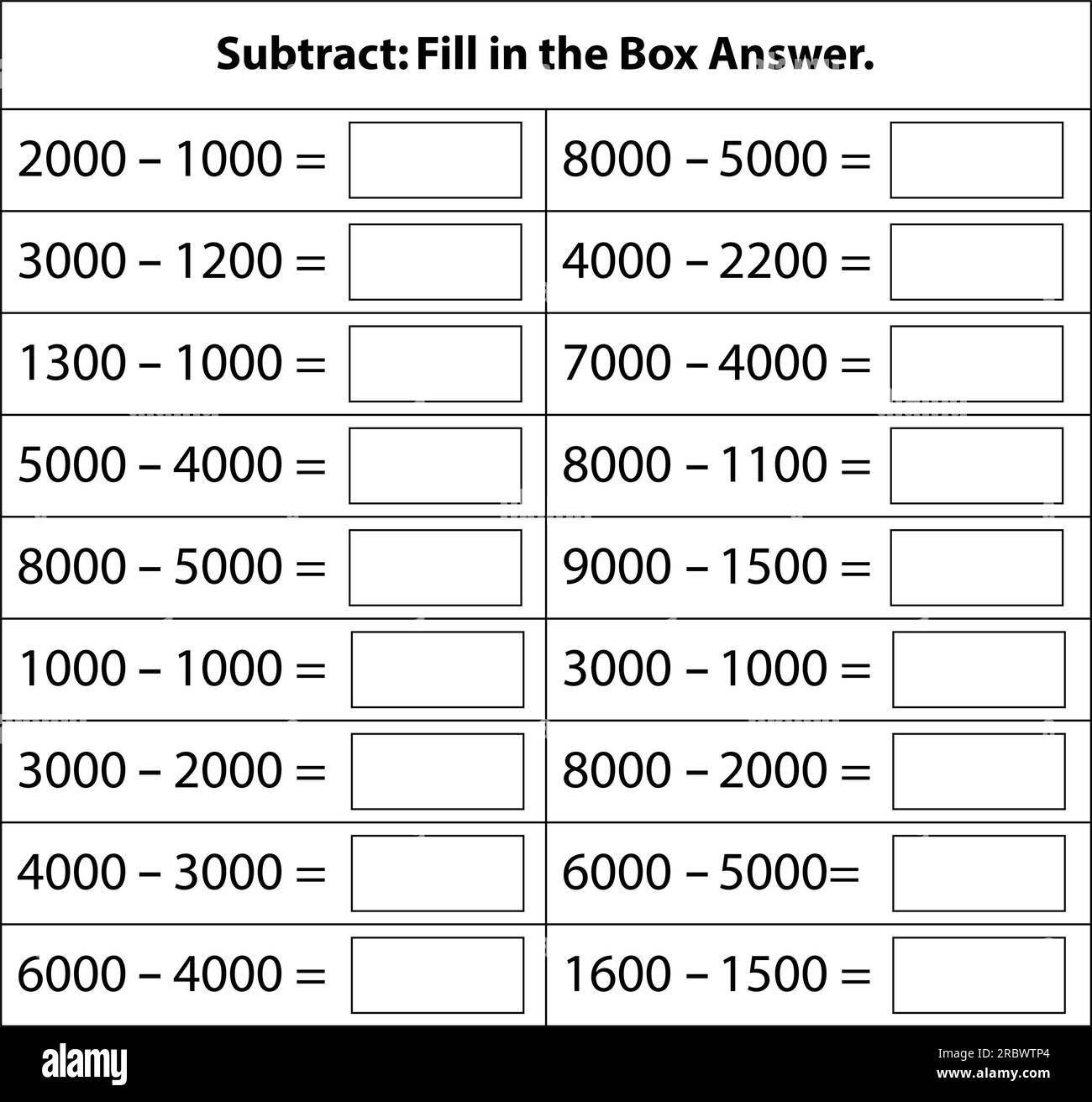 Sottrazione numeri. foglio di lavoro per sottrarre il bambino di base. Grafico matematico per le operazioni di sottrazione nella scuola isolato su sfondo bianco. Illustrazione Vettoriale