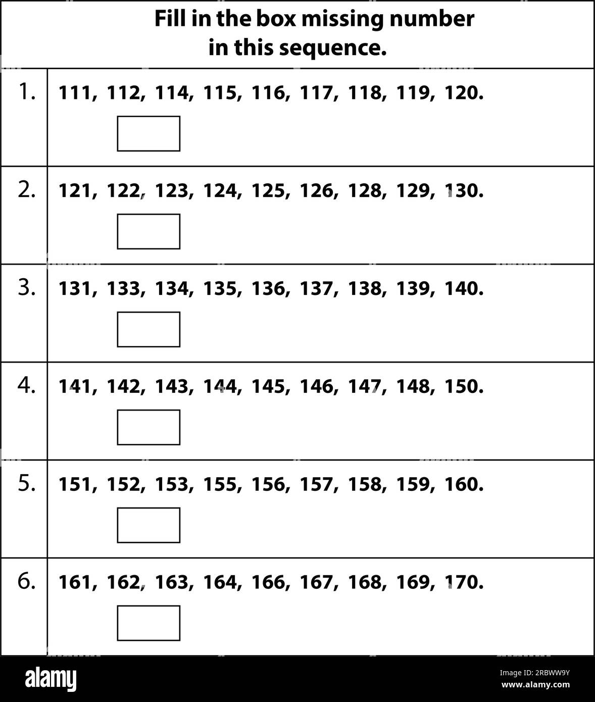 Digitare il foglio di lavoro numero mancante. numeri mancanti. Compilare la casella. Matematica su sfondo bianco. Illustrazione grafica vettoriale. apprendimento di base dei bambini. Illustrazione Vettoriale